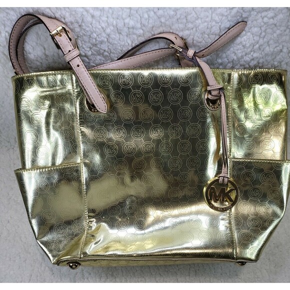 MICHAEL MICHAEL KORS GOLD EMBOSSED DESIGNER MIRROR AS IS TOTE1254795 - Picture 1 of 12